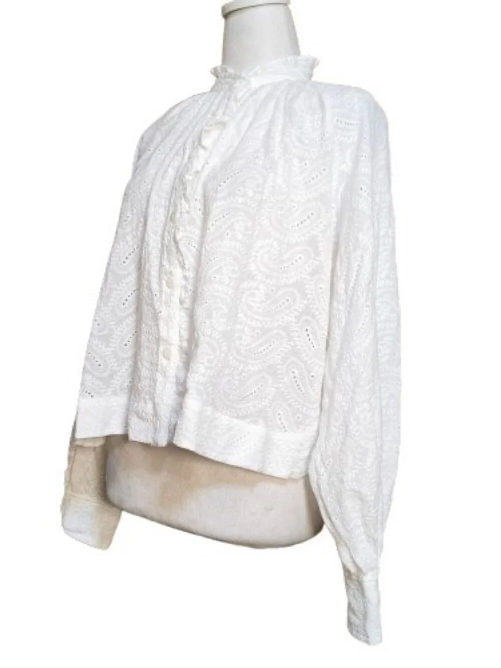 FRNCH Paris White Embroidered Eyelet Cotton Blouse Size L Coastal Cottagecore - Picture 9 of 10